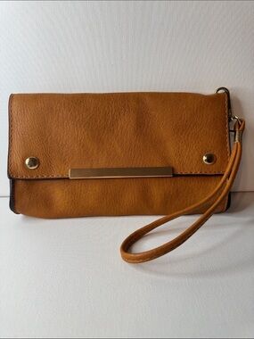 Leather Wristlet Clutch in Cognac Brown with Gold Accent